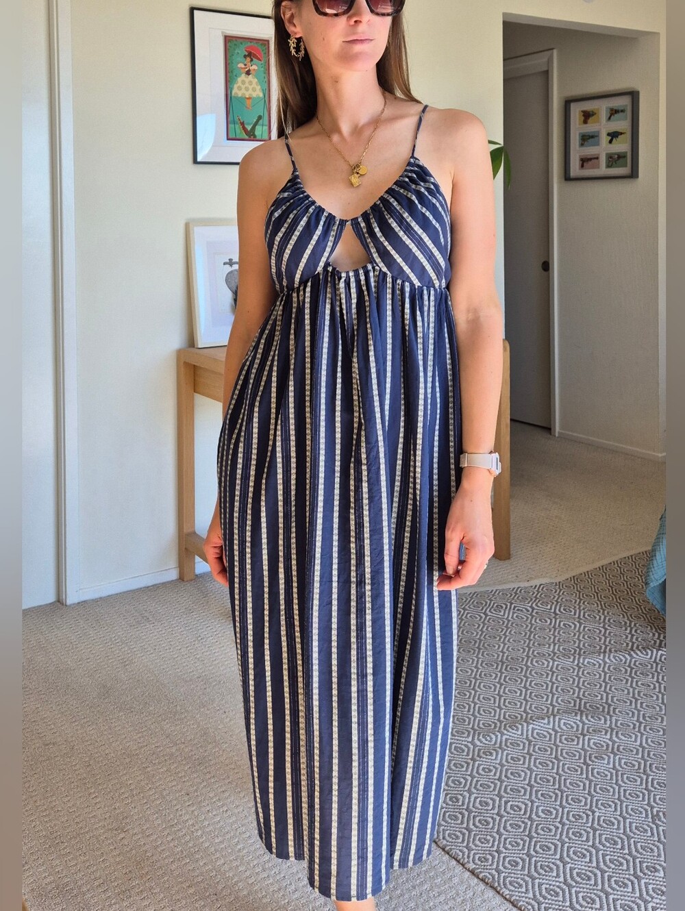 Cotton Navy Striped Spaghetti Strap Midi Dress Medium